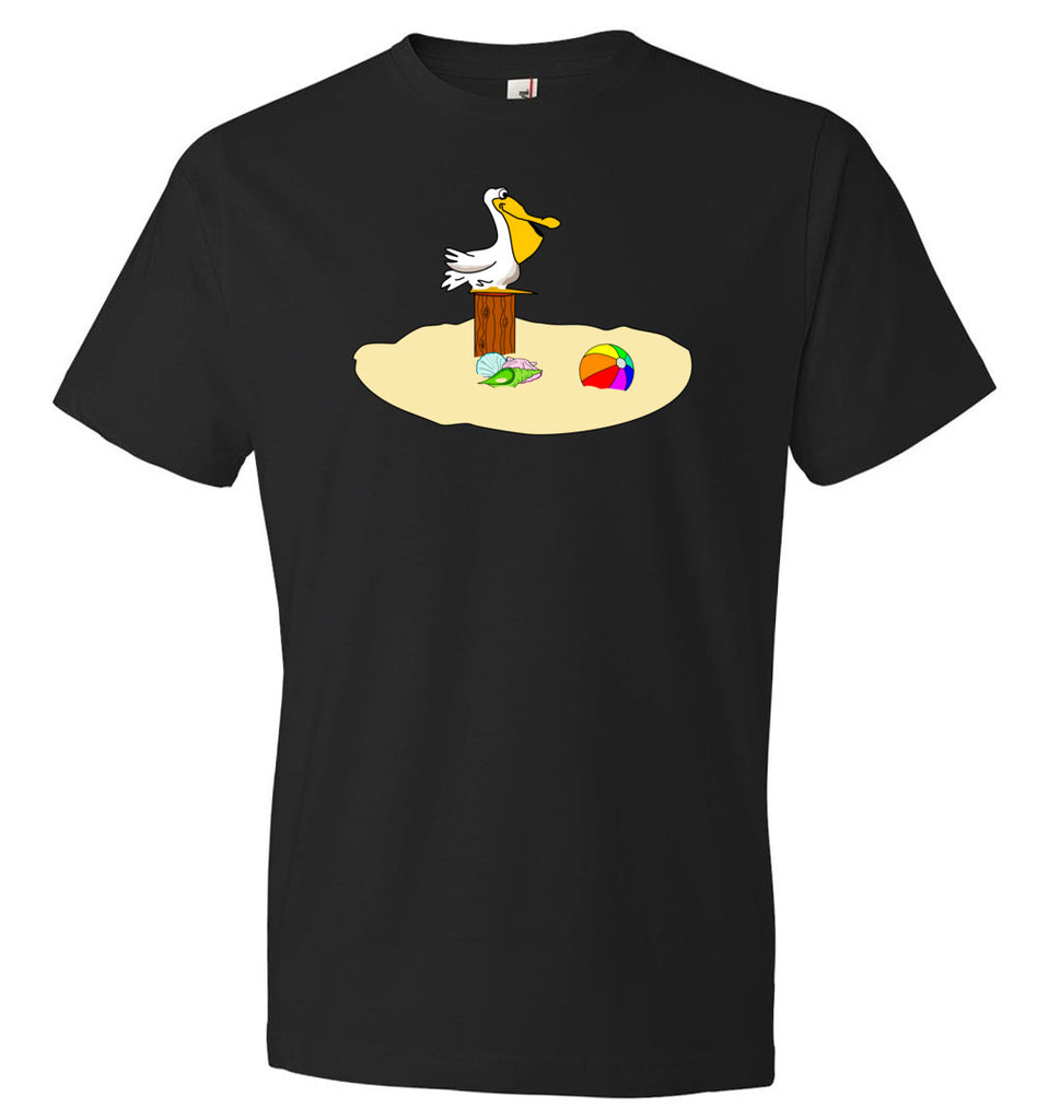 Pelican on black beach unisex T-Shirt